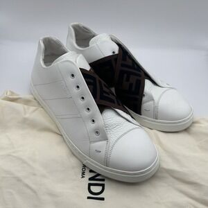 Fendi White Leather Sneakers with Brown FF Logo Strap